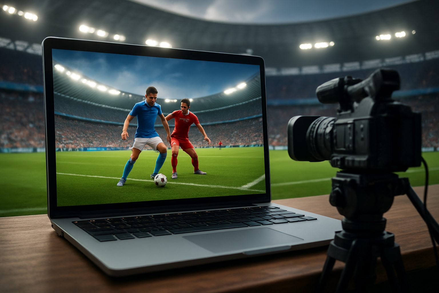 A laptop displaying a soccer match on the screen, with a camera set up nearby, inside a stadium.
