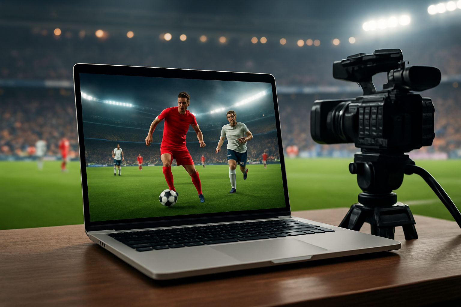 A laptop displaying a soccer match in a stadium with a camera nearby.