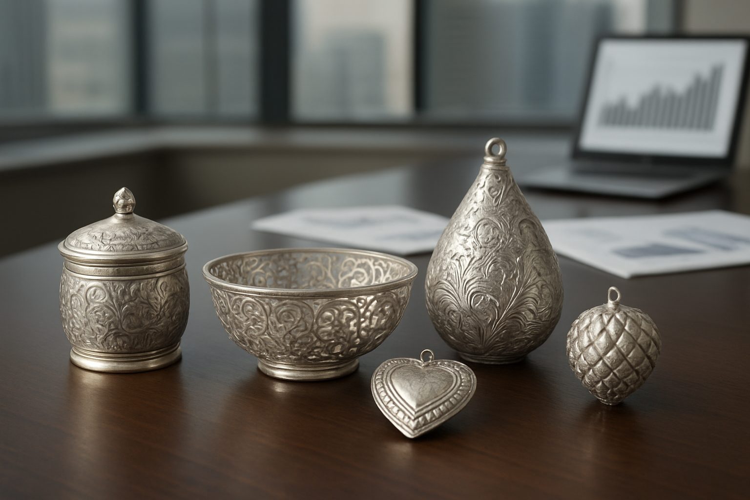 Five intricately designed silver items displayed on a wooden table in an office setting.