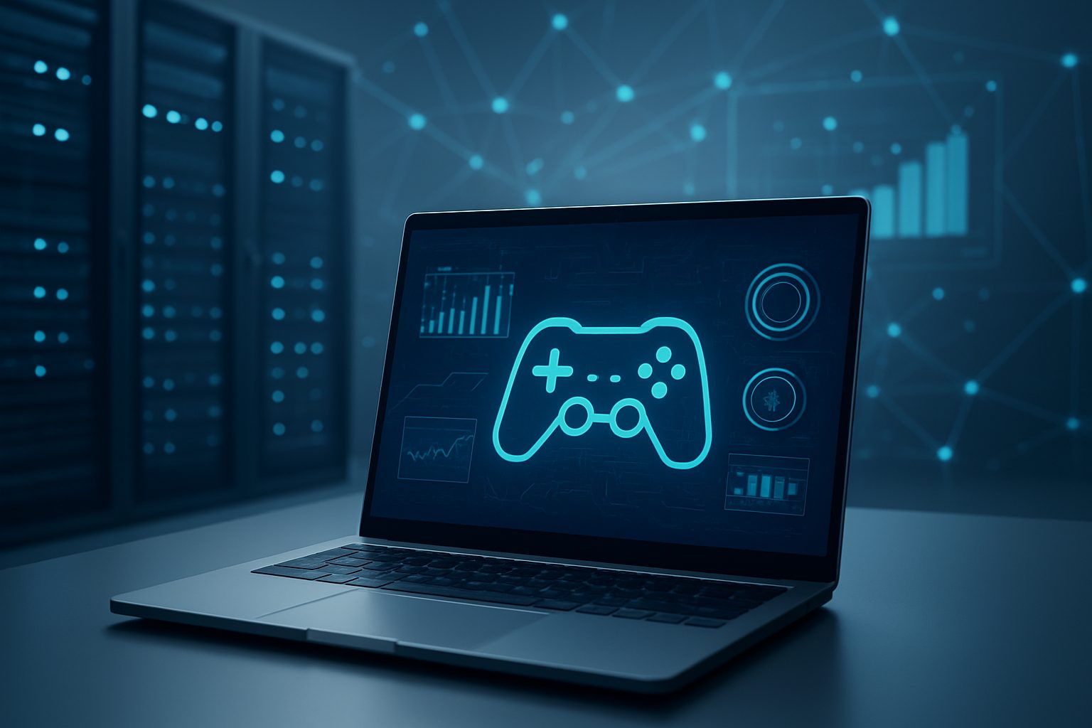 A laptop displaying a digital game controller and analytics interface against a tech background.